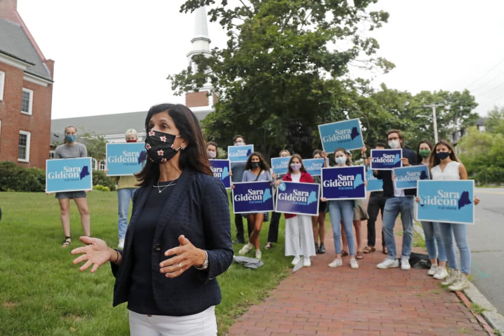 House speaker Sara Gideon, D-Freeport, speaks to the media near a polling station, July 14, 2020, in Portland, Maine. (Elise Amendola/AP)