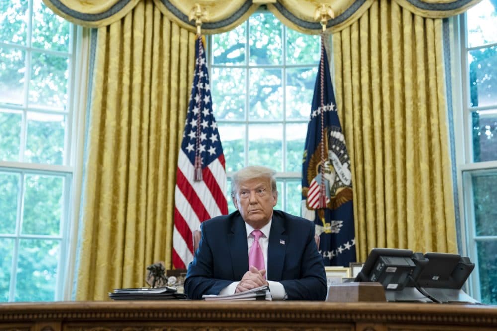 President Donald Trump listens during a meeting with Senate Majority Leader Mitch McConnell of Ky., and House Minority Leader Kevin McCarthy of Calif., in the Oval Office of the White House, Monday, July 20, 2020, in Washington. (Evan Vucci/AP)