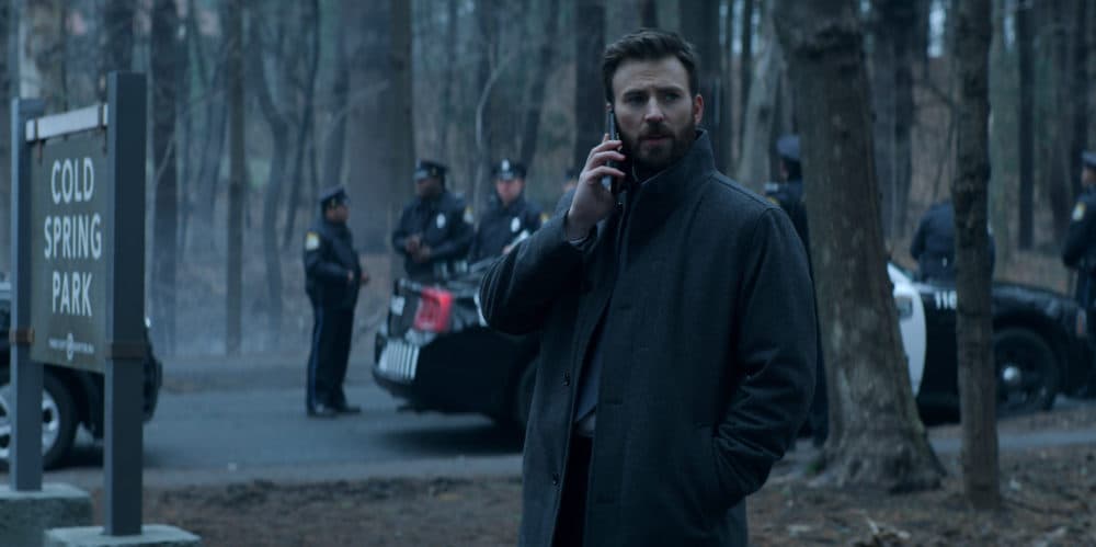 The show "Defending Jacob" was filmed on location in Massachusetts. Actor Chris Evans is seen standing near the sign for Cold Spring Park in Newton in a still from episode two. (Courtesy Apple TV+)