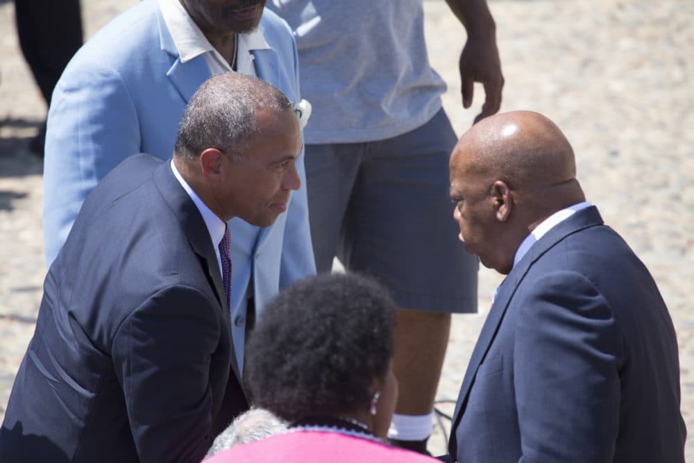 Governor Deval Patrick meets Congressman John Lewis at the National Action to Realize the Dream march and rally for the 50th Anniversary of the march on Washington and Martin Luther King's I Have A Dream Speech, August 24, 2013, Lincoln Memorial, Washington, D.C. (Photo by: Joe Sohm/Visions of America/Universal Images Group via Getty Images)