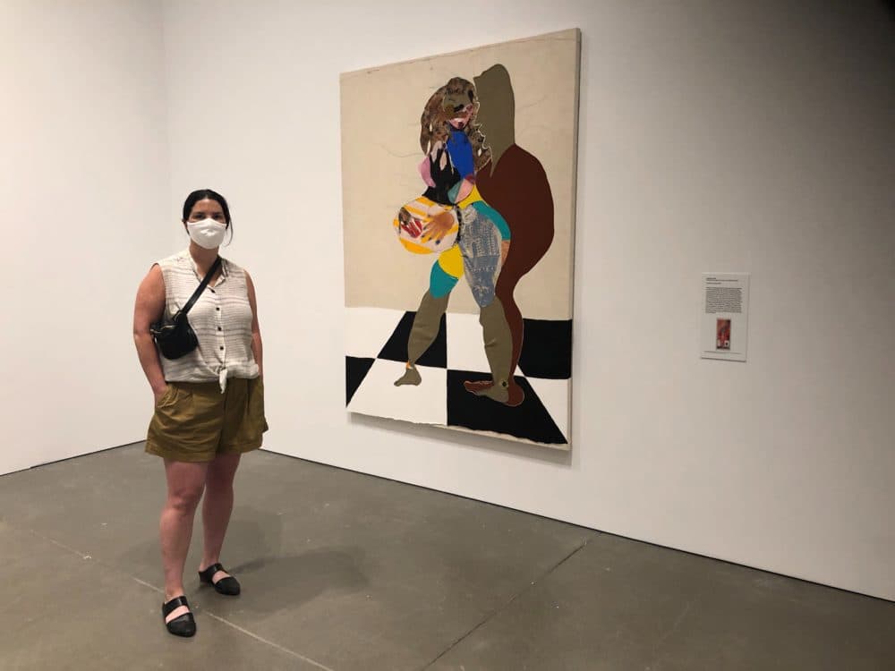 “It was definitely on the top of my list to get back to seeing art in museums as soon as it was an opportunity,” said Doreen Danielson as she stood beside a textile collage by Tschabalala Self. (Andrea Shea/WBUR)