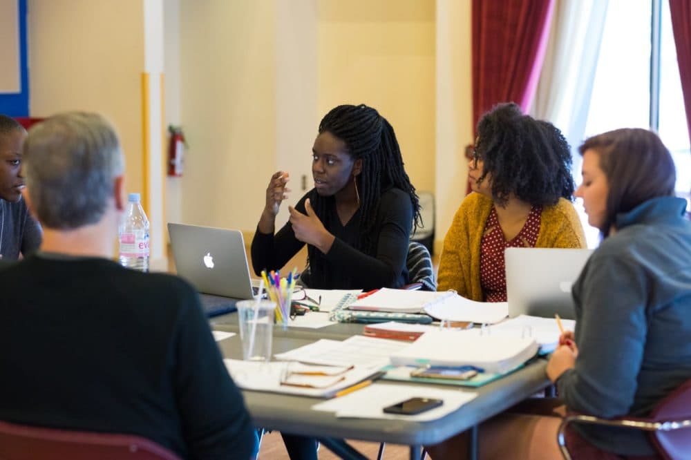 Obehi Janice working on her play "Ole White Sugah Daddy" with dramaturg Phaedra Michelle Scott and others in 2017. (Courtesy Maggie Hall Photography)