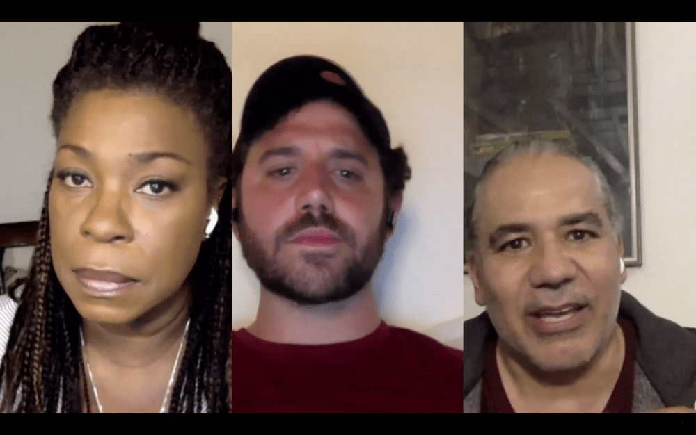 Lorraine Toussaint, Santino Fontana and John Ortiz in the livestreamed world premiere of "The Line." (Courtesy Public Theater)