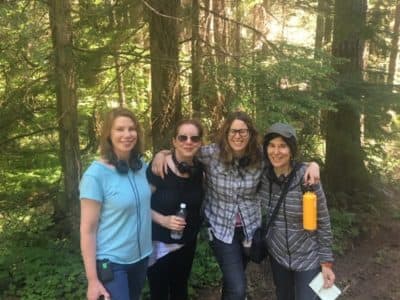 From left, producer Anne Harrison, producer Linda Reisman, writer/producer Anne Rosselini, writer/director Debra Granik on the set of the film "Leave No Trace." (Courtesy)