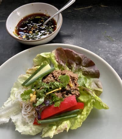 Stir Fried Cilantro And Basil Turkey Wraps In Lettuce Leaves (Kathy Gunst/Here & Now)