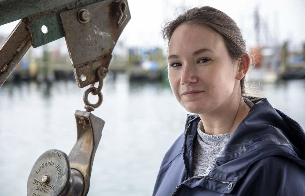 Commercial Fisheries Research Foundation researcher Aubrey Ellertson on the Erica Knight. (Robin Lubbock/WBUR)
