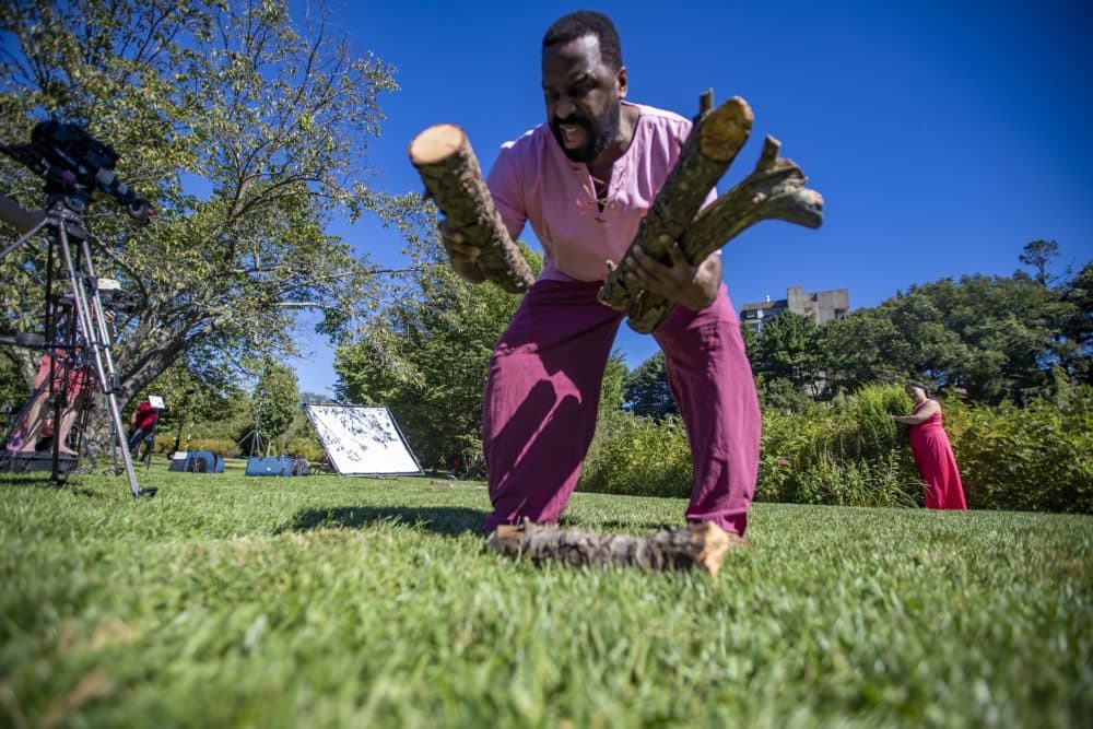 Omar Robinson, as Ferdinand, picks up logs during a rehearsal for a scene in "The Tempest" at the Arnold Arboretum, one of a series of selected scenes, sonnets and monologues by the Actors' Shakespeare Project called "The Nature of Shakespeare." (Jesse Costa/WBUR)