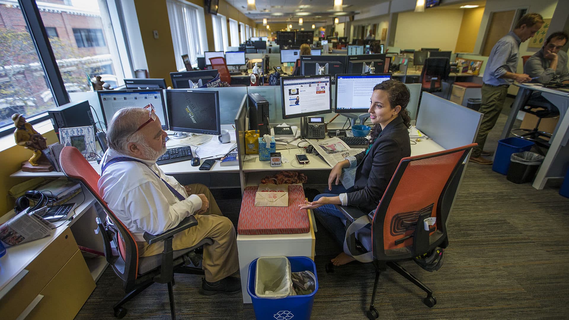 Morning Edition host Bob Oakes speaks with producer Yasmin Amer about upcoming interviews and projects. (Jesse Costa/WBUR)
