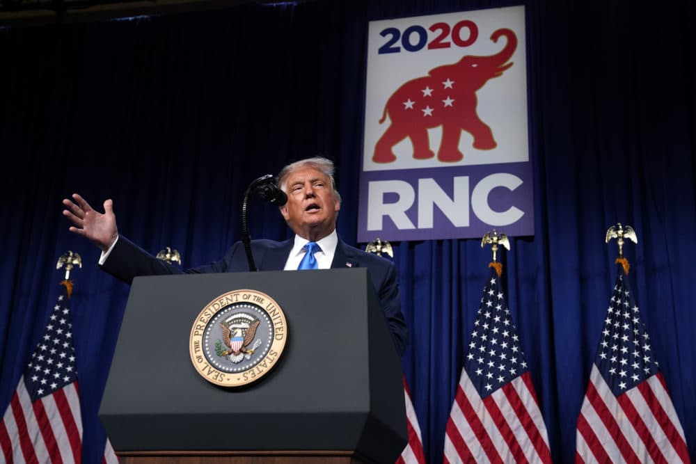 President Donald Trump speaks on stage during the first day of the Republican National Committee convention, Monday, Aug. 24, 2020, in Charlotte. (Evan Vucci/AP)