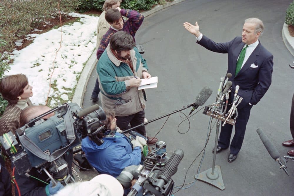 Senator Joseph Biden, D-Del., speaks to reporters after meeting with US President Bill Clinton at the White House on February 10, 1995 to discuss Dr. Henry Foster's nomination for surgeon general. (DAVID AKE/AFP via Getty Images)