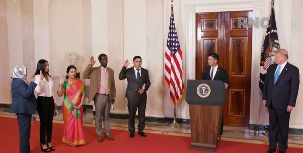 In this screenshot from the RNC’s livestream of the 2020 Republican National Convention, U.S. President Donald Trump hosts a naturalization ceremony for new citizens in a pre-recorded video broadcasted during the virtual convention on August 25, 2020. (Photo Courtesy of the Committee on Arrangements for the 2020 Republican National Committee via Getty Images)