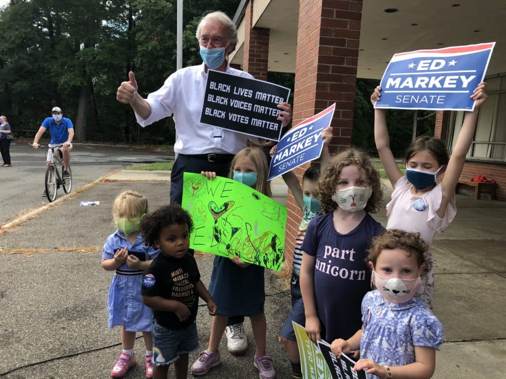 Surrounded by children, Sen. Ed Markey campaigns in Longmeadow, Mass. (Anthony Brooks/WBUR)