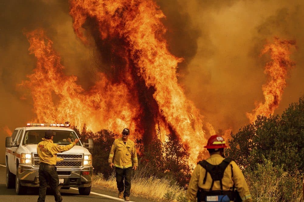 Flames from the LNU Lightning Complex fires leap above Butts Canyon Road on Sunday. (Noah Berger/AP)