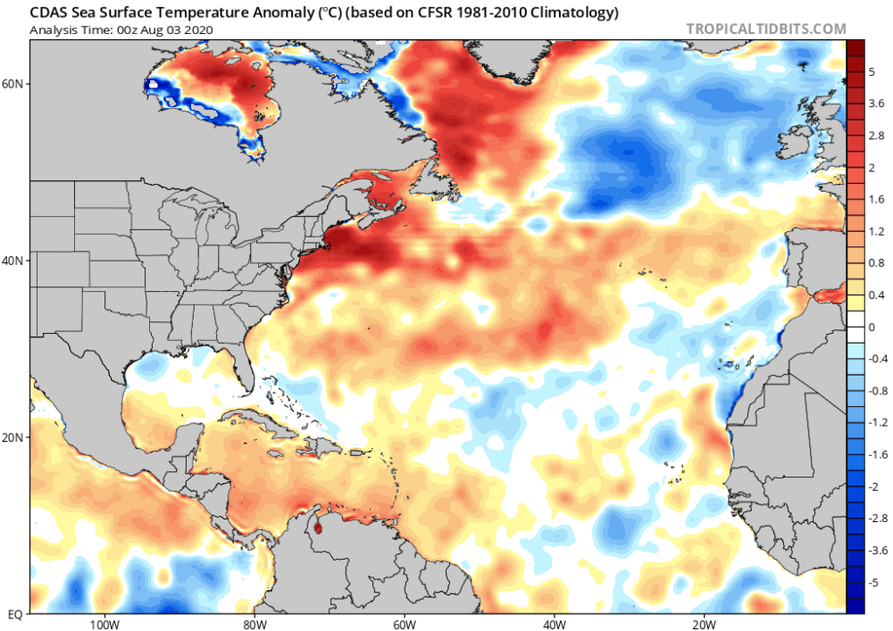A heat map of sea surface temperature anomalies. (Courtesy of Tropical Tidbits)