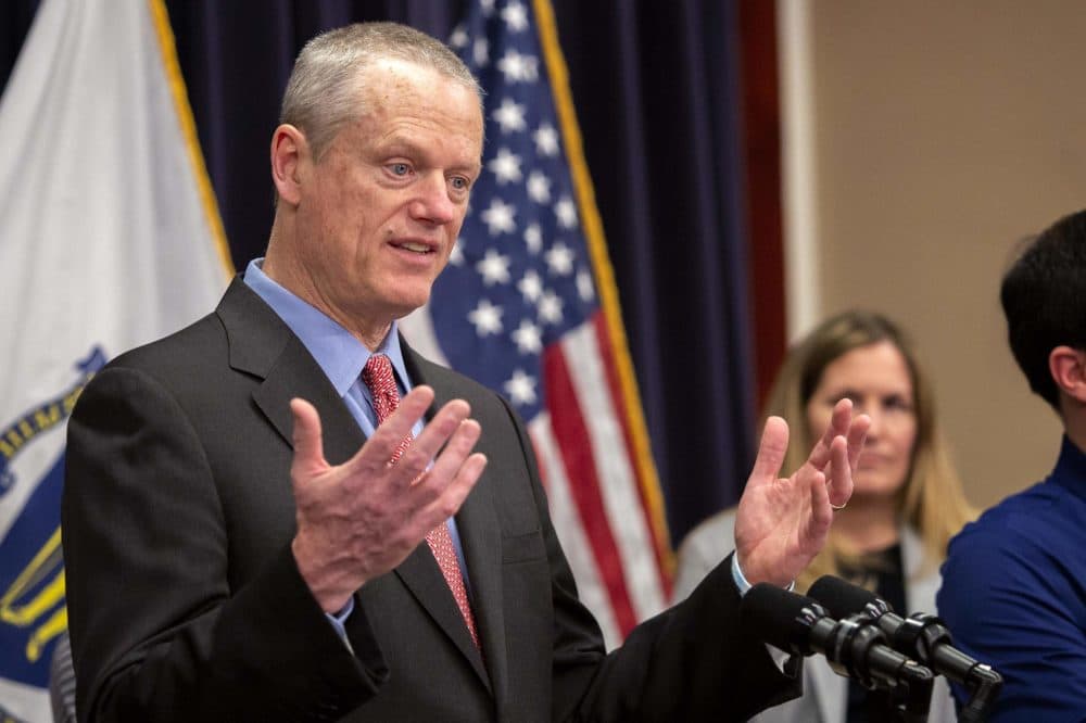 Governor Charlie Baker speaks to reporters during a State House press conference on March 10, 2020, the day he declared a state of emergency due to the coronavirus pandemic. (Robin Lubbock / WBUR)