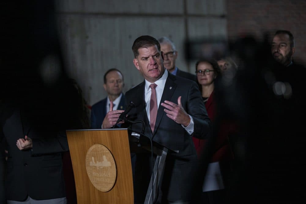 Boston Mayor Marty Walsh announced the postponement of the Boston Marathon during a news conference last March. (Jesse Costa/WBUR)