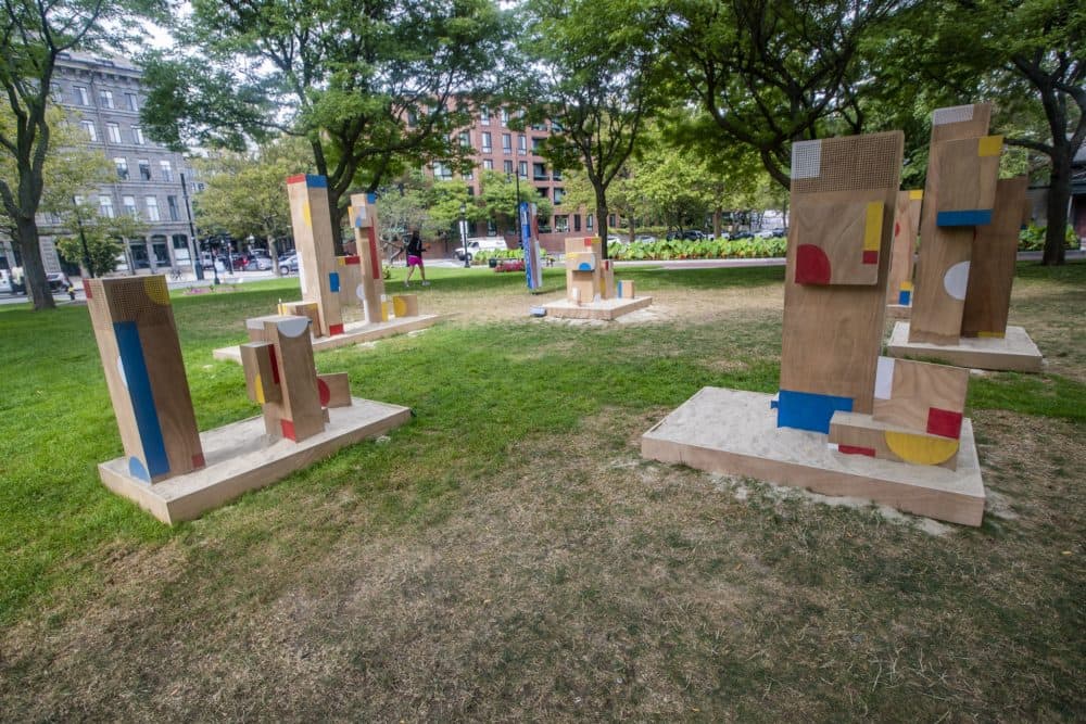 The Shape of Play, a new public art installation by artist Sari Carel with support from Now + There, in Christopher Columbus Waterfront Park in the North End. (Jesse Costa/WBUR)