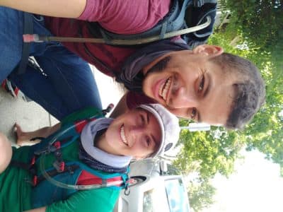 The author, Dianna Bell (right), sitting on a Somerville sidewalk with her husband Patrick Stanton after the completion of the virtual marathon Sunday, Sept. 13, 2020. (Courtesy Patrick Stanton)