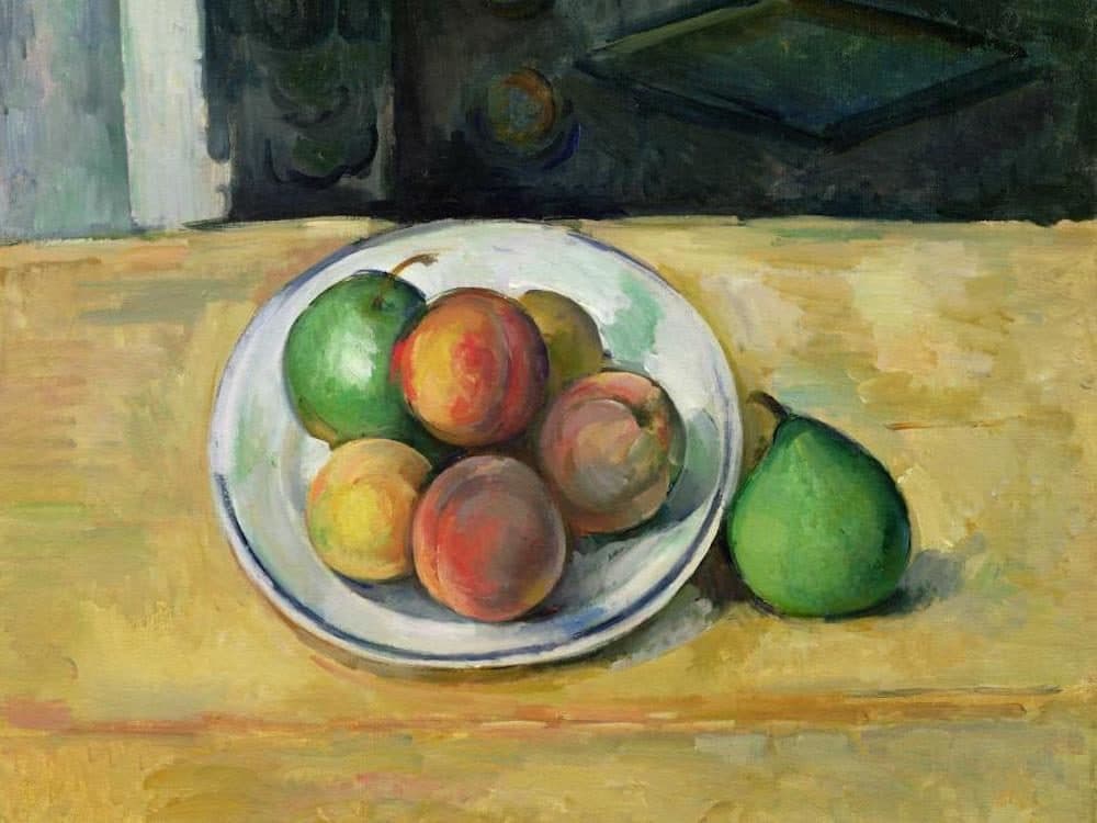 Paul Cézanne, "Still life with Peaches and Pears," about 1885-87. (Courtesy Museum of Fine Arts, Boston)