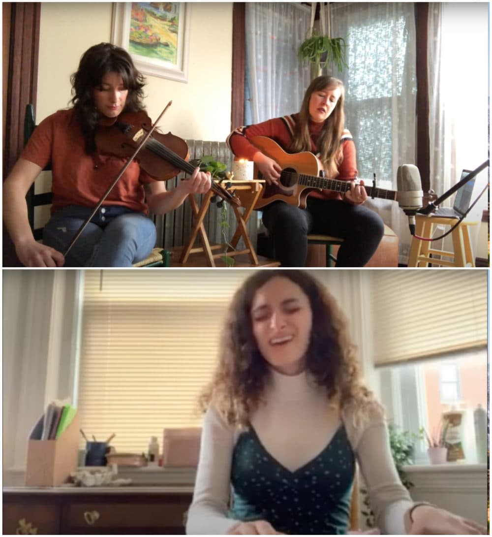 Kaiti Jones (top right) performing "Daydreaming" with fiddle player Emily Baker and Katie Lynne (bottom) singing "Amelia." (Screenshot/YouTube)