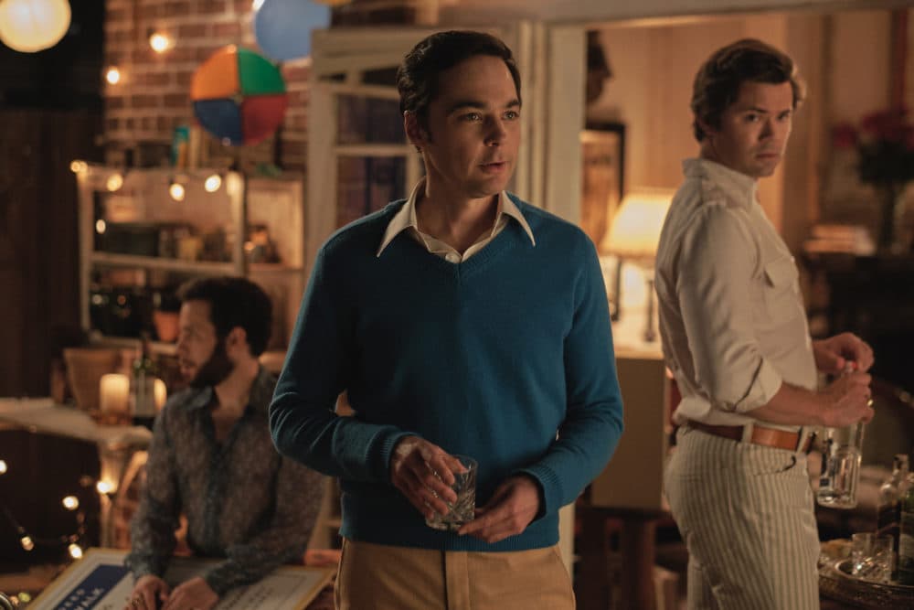 Robin de Jesús as Emory, Jim Parsons as Michael and Andrew Rannells as Larry in "The Boys in the Band." (Scott Everett White/Netflix)