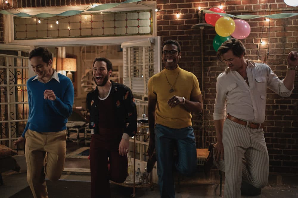 Jim Parsons as Michael, Robin De Jesus as Emory, Michael Benjamin Washington as Bernard and Andrew Rannells as Larry in "The Boys in the Band." (Scott Everett White/Netflix)