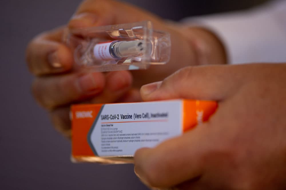 A professor at the University of Brasilia and coordinating doctor for tests of the Sinovac Biotech vaccine, shows the vaccine to journalists at the University Hospital on Aug. 5, 2020.  (Andressa Anholete/Getty Images)