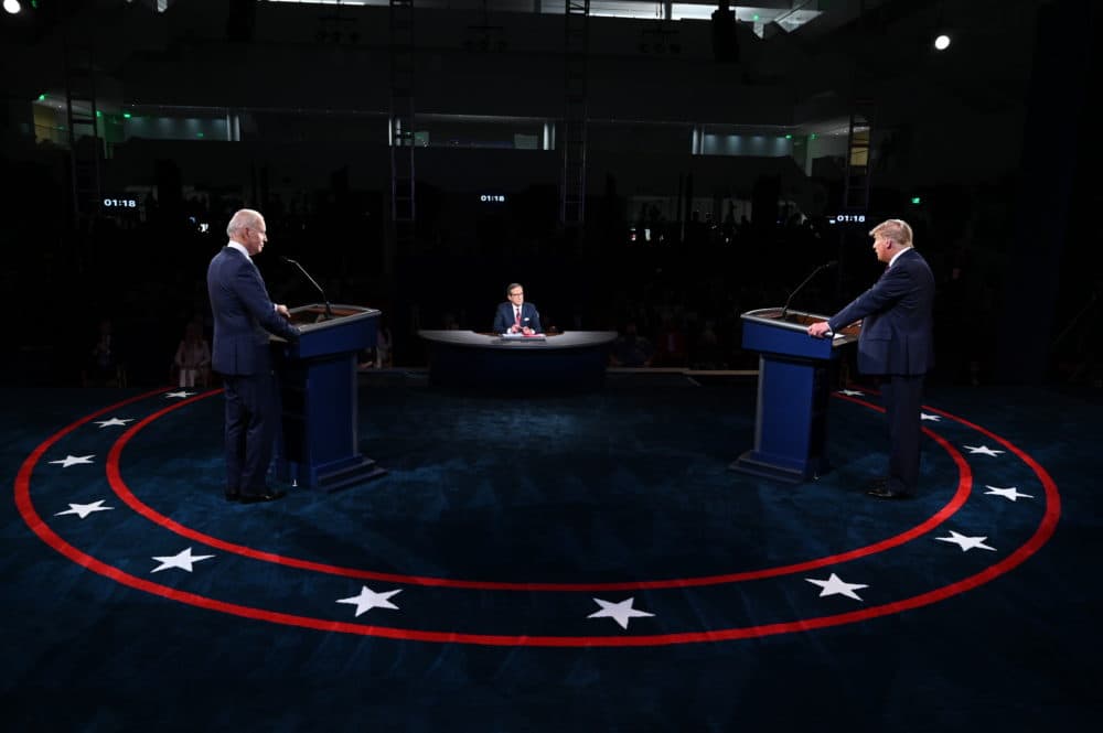 President Donald Trump and Democratic presidential nominee Joe Biden participate in the first presidential debate at the Health Education Campus of Case Western Reserve University on September 29, 2020 in Cleveland, Ohio. (Olivier Douliery-Pool/Getty Images)