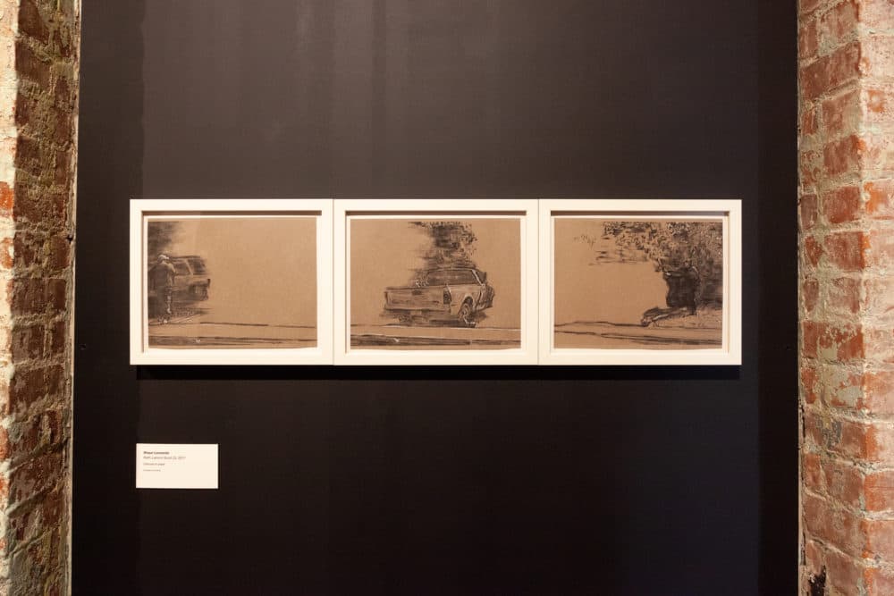 Shaun Leonardo, work portraying the death of Keith Lamont Scott by police, as installed in the exhibition, "The Breath of Empty Space." (Will McLaughlin).