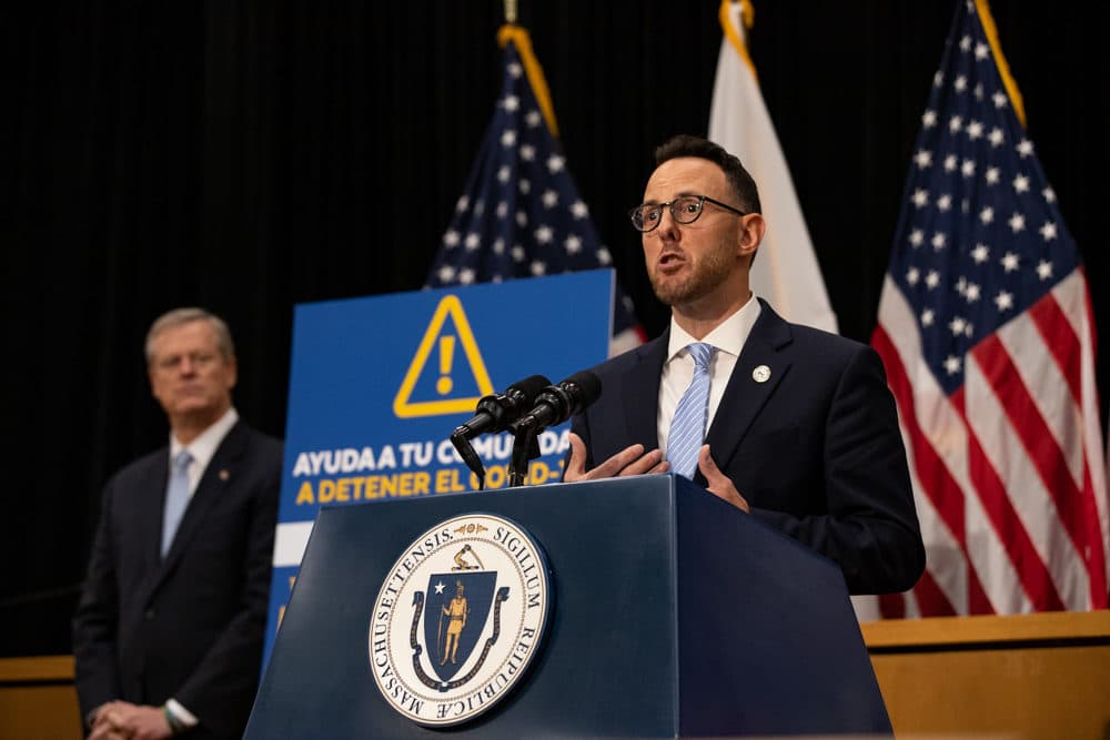 Revere Mayor Brian Arrigo at Gov. Charlie Baker's press conference on Thursday, Sept. 3. (Sam Doran/SHNS)
