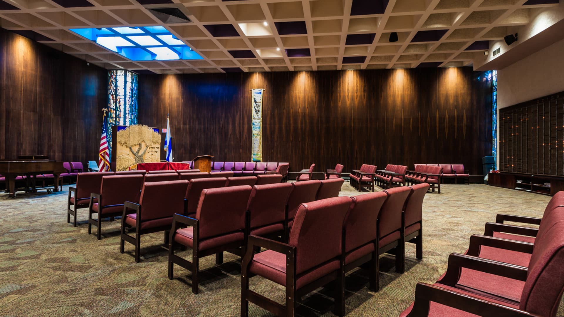 Rows of chairs inside the synagogue. Services are now remote as the senior home maintains strict safety protocols due to COVID-19. (Courtesy Randall Armor)