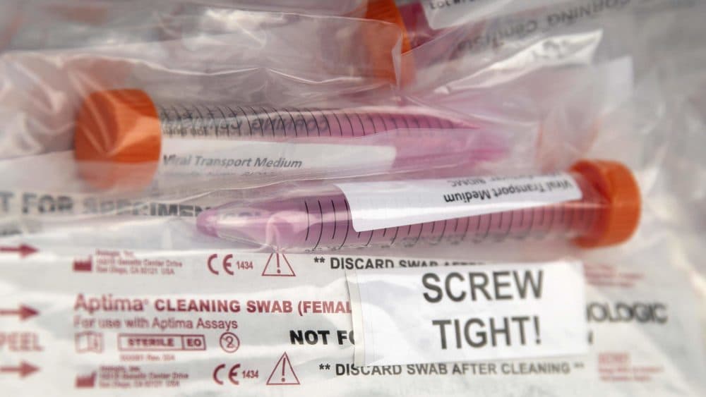 COVID-19 testing materials at a Boston testing station. (Robin Lubbock/WBUR)