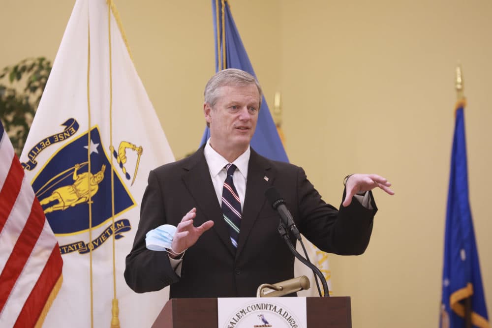 Gov. Charlie Baker discusses the planned closures in the Salem area for Halloween and the days leading up to it due to COVID-19, at the Mayor Jean Levesque Community Life Center in Salem, Massachusetts on Oct. 21. (Nicolaus Czarnecki/MediaNews Group/Boston Herald via pool)