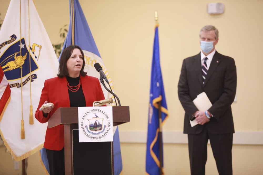 Massachusetts Gov. Charlie Baker joins Salem Mayor Kim Driscoll to discuss the planned closures in the Salem area for Halloween. (Nicolaus Czarnecki/MediaNews Group/Boston Herald)