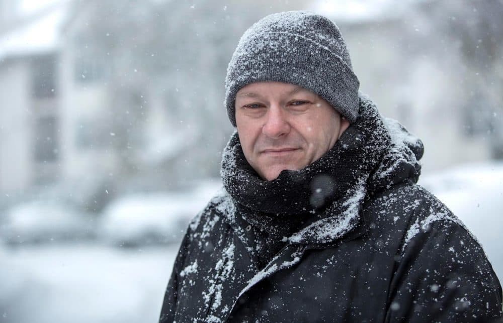 Andy Woodnutt, near his home in Lexington on a snowy October morning. (Robin Lubbock/WBUR)