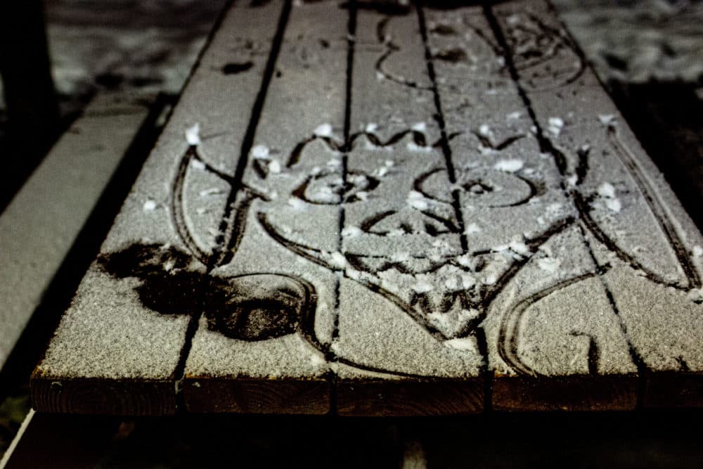 Some guests said the snow put too quiet a blanket of the spooky fall mood, while others leaned into it. (Jenn Stanley/WBUR)