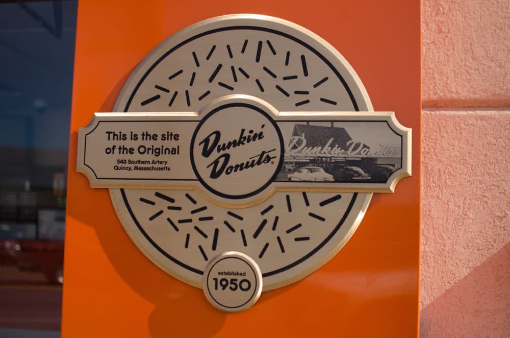 A sign at the original Dunkin' Donuts in Quincy, Mass. (Sharon Brody/WBUR)