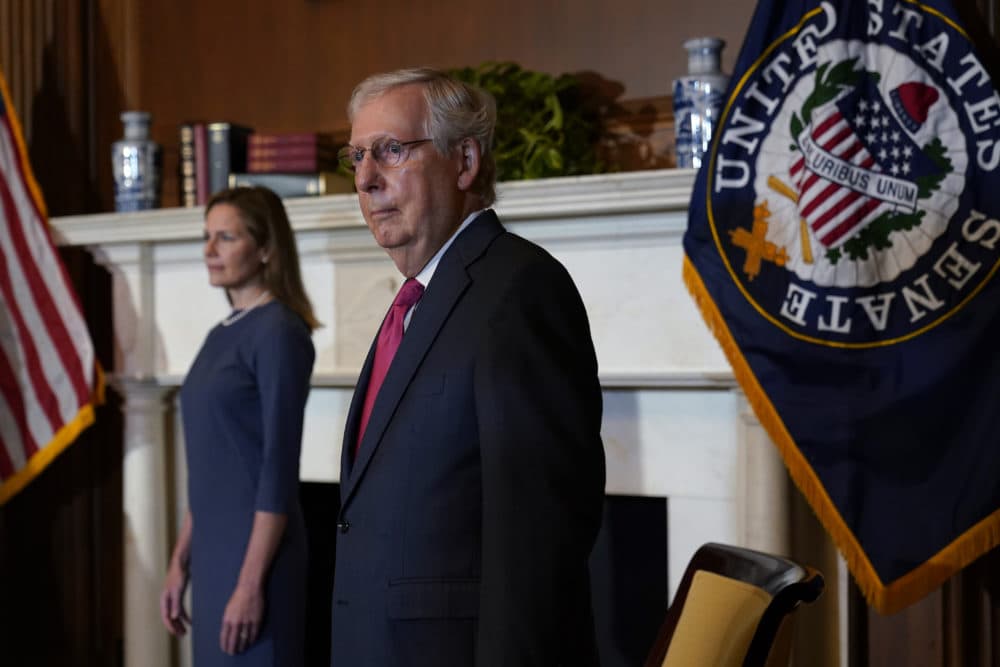enate Majority Leader Mitch McConnell (R-KY) meets with Seventh U.S. Circuit Court Judge Amy Coney Barrett (L), President Donald Trump's nominee for the U.S. Supreme Court, as she begins a series of meetings to prepare for her confirmation hearing, on Capitol Hill on September 29, 2020 in Washington, DC. (Susan Walsh-Pool/Getty Images)