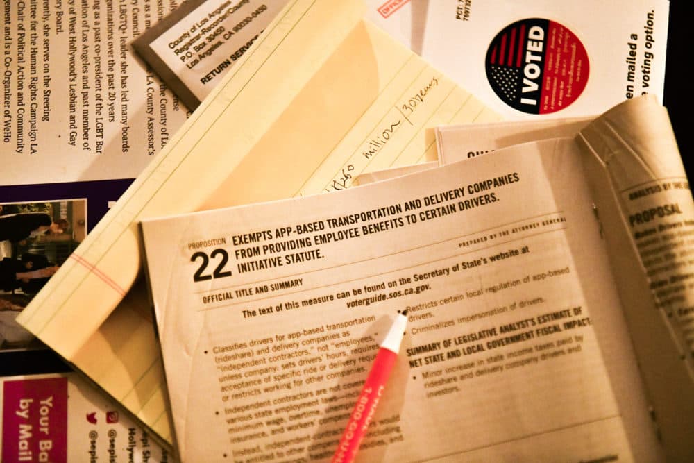 Election material is shown at a ballot Zoom party to go over measures up for a vote this election on Oct. 15, 2020 in Los Angeles, California. (Rodin Eckenroth/Getty Images)