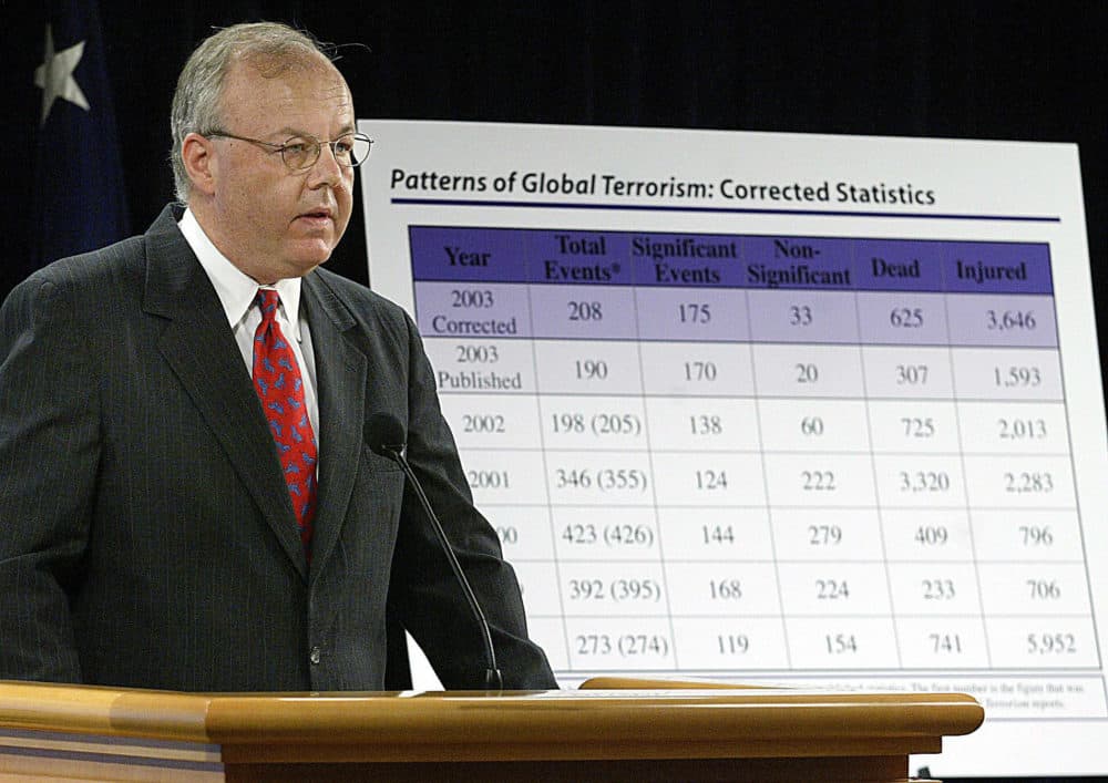 US Ambassador J. Cofer Black, Coordinator for Counterterrorism, speaks at a press conference on 22 June, 2004, about the corrected version of an inaccurate terrorism report issued by the US Government. The original annual "Patterns of Global Terrorism" report purposefully misstated, some have accused, the number of attacks in 2003 in an election-year effort to show that US President George W. Bush's hardline anti-terrorist policies were working. (Luke Frazza/AFP via Getty Images)