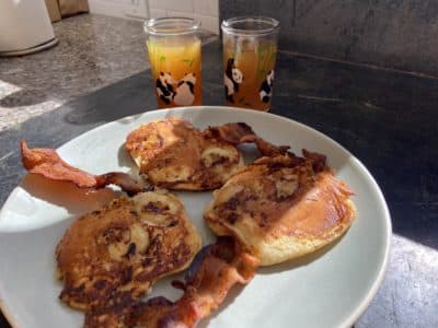 Maple-banana pancakes. (Kathy Gunst)