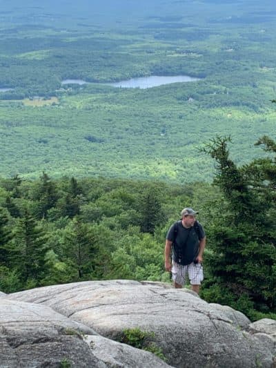Radio Boston's Chris Citorik, nearing the summit of Mount Monadnock (Courtesy Andrew Krivak)