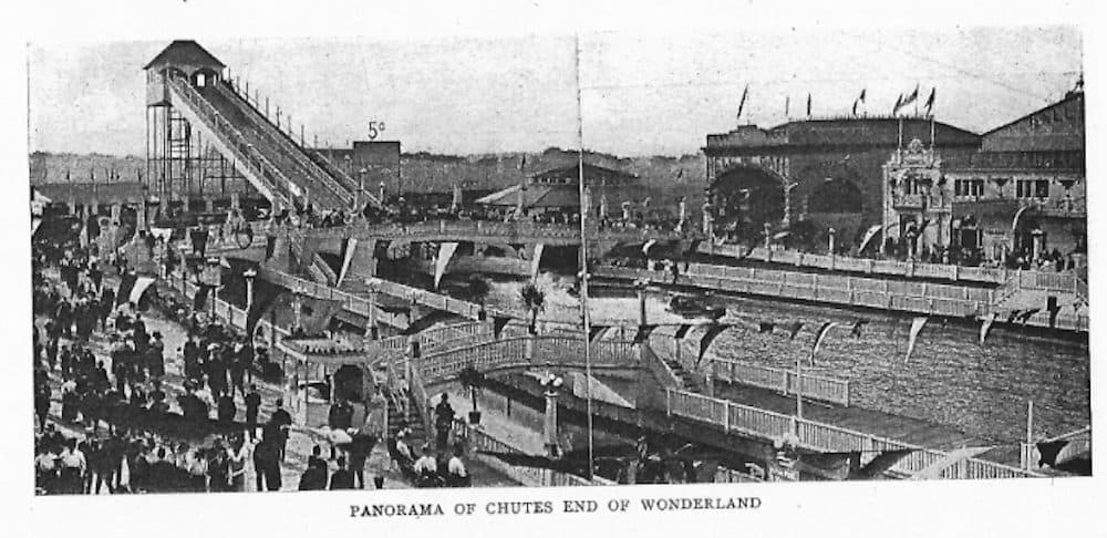 A panorama of the "Shoot the Chutes" ride at Wonderland Park. (Courtesy Stephen R. Wilk)