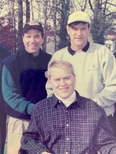 The author, top left, pictured with Travis Roy, front, and Bobby Orr at a golf fundraiser in 1998. (Courtesy)