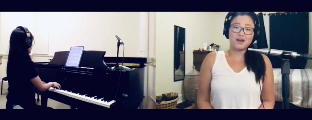 New England Conservatory students Cynthia Tseng, left, and Michaela Kelly play together remotely without lags. (Courtesy)