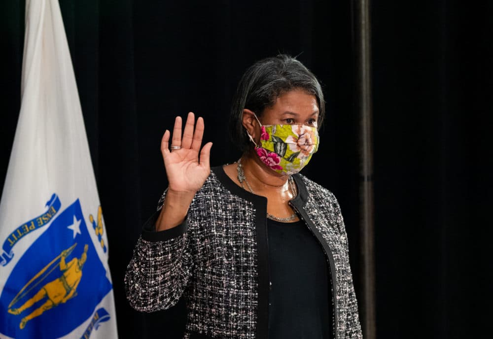 Justice Kimberly Budd took a witness oath before answering questions from Governor's Council members at a confirmation hearing Nov. 12. (Sam Doran/SHNS)