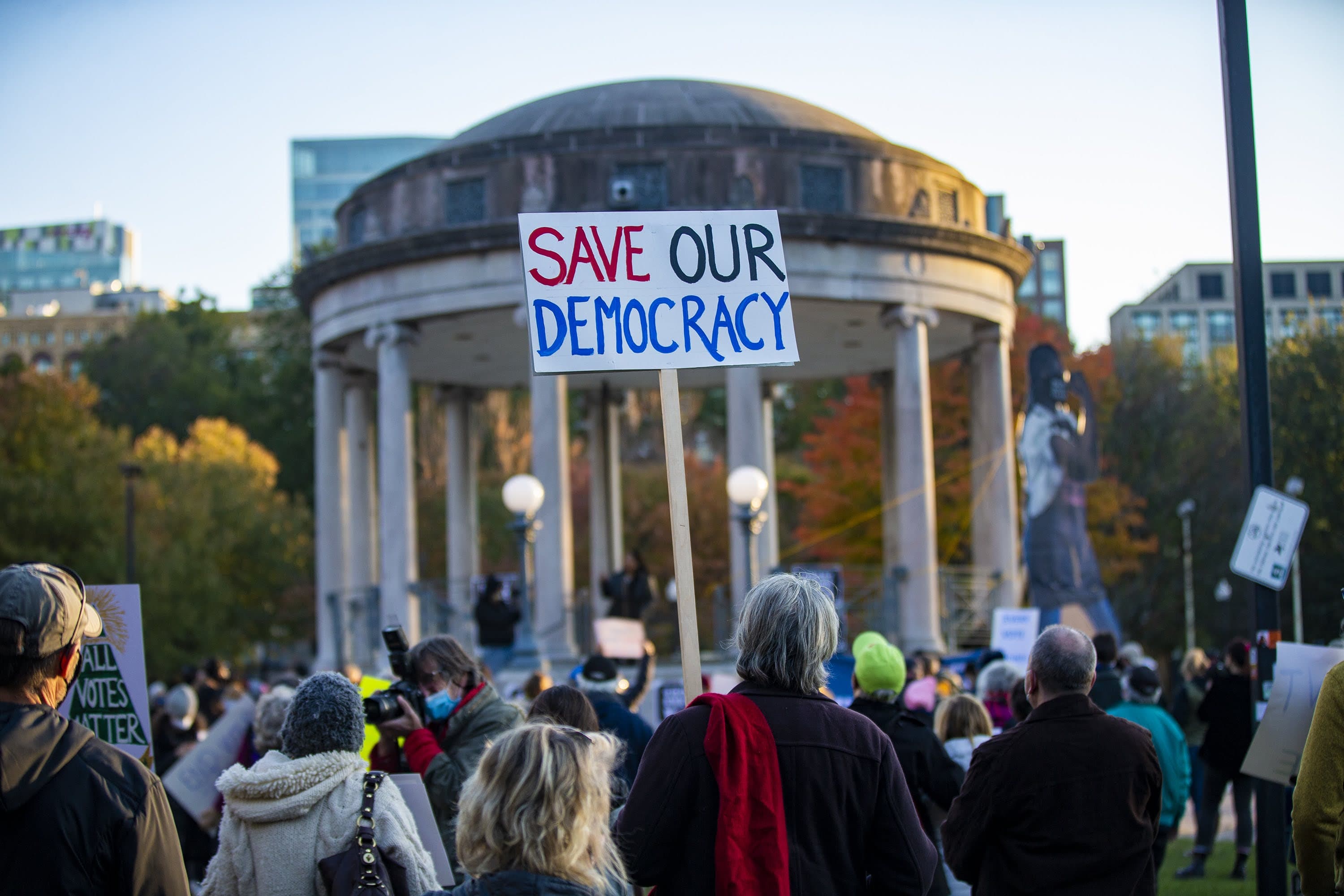 A few hundred protesters gather at Parkman Bandstand for the Count Every Vote Rally. (Jesse Costa/WBUR)