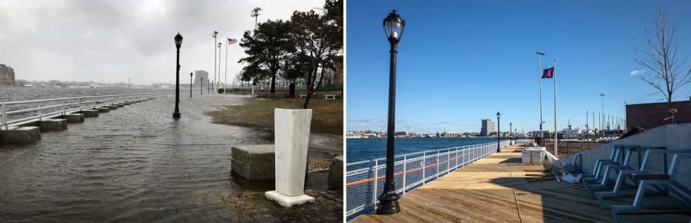 Flood water covering the harbor walk at Langone Park in March 2018, and the new harbor walk under construction in 2020 at November’s highest tide. (Courtesy Boston Parks & Recreation, and Robin Lubbock/WBUR)