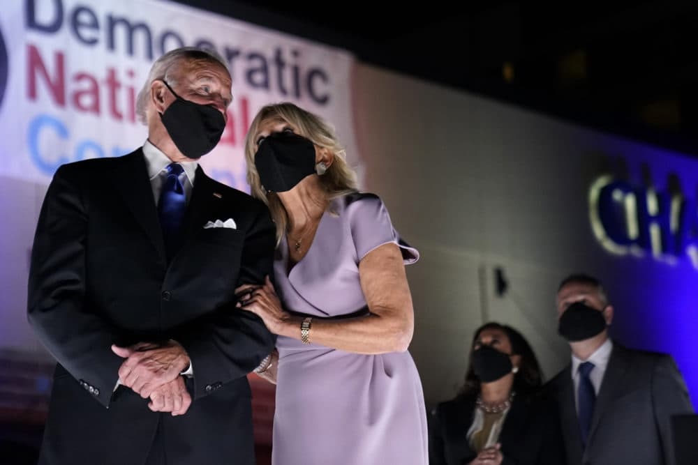 In this Aug. 20, 2020 photo, President-elect Joe Biden, and his wife Jill Biden, watch fireworks with Democratic vice presidential candidate Sen. Kamala Harris, D-Calif., and her husband Doug Emhoff, during the fourth day of the Democratic National Convention at the Chase Center in Wilmington, Del. (Andrew Harnik/AP)