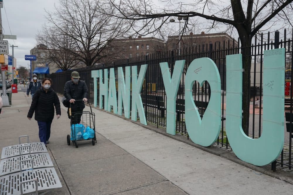 A "Thank You" sign for first responders stands as a fence across the street from Elmhurst Hospital in the Borough of Queens on March 31, 2020 in New York. (Bryan R. Smith/AFP via Getty Images)